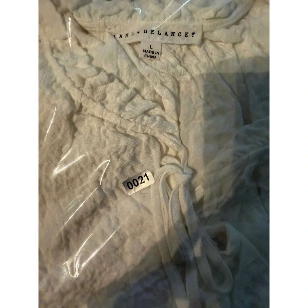 Jane + Delancey White Textured Short Sleeve Blouse‎ Tie Neck Elastic Hem Large